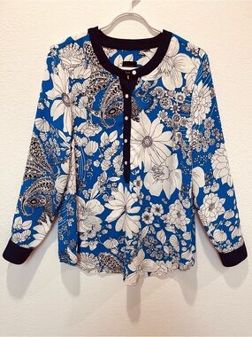 Talbots Flowy Lightweight Blue White Floral Henley Blouse